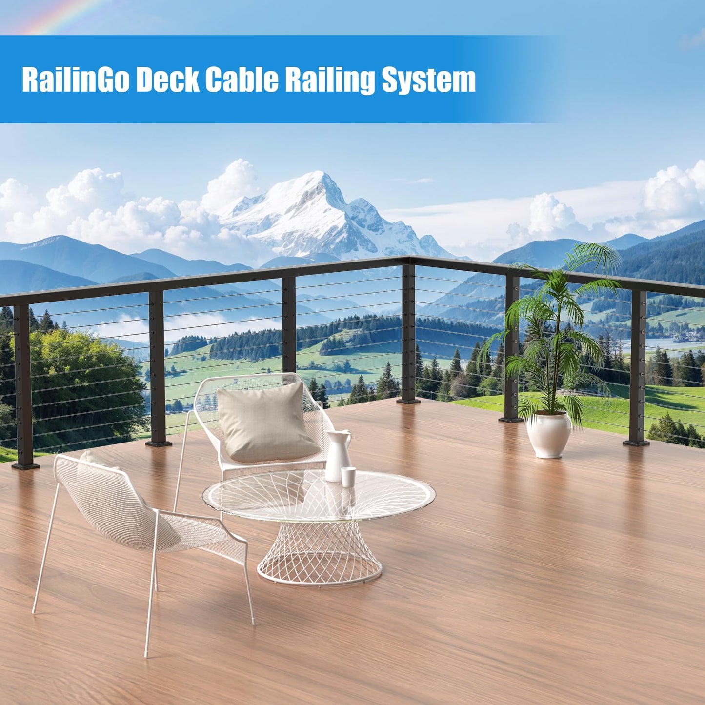 RailinGo 36" Complete Set Cable Railing Post Kits, Swageless Cable Rail System Includes 4Pack 35" Level Drilled Posts, 3Pack 4.5FT Cable Handrail w/Connectors, 1/8" 250FT Wire Rope, Black Wire Railing