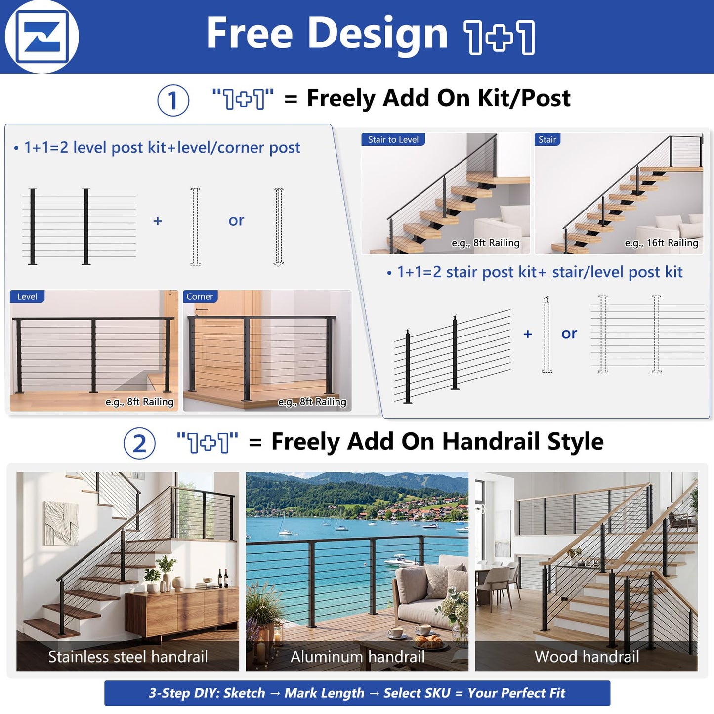 Zylorix Modular Swageless 8-20FT Complete Set 36" Cable Railing Post Kit, 3Pack Black Level Drilled Line Posts(35"x2"x2"), Patent Reusable Deck Cable Railing System Kit, 1/10" Wire Rope(No Handrail)