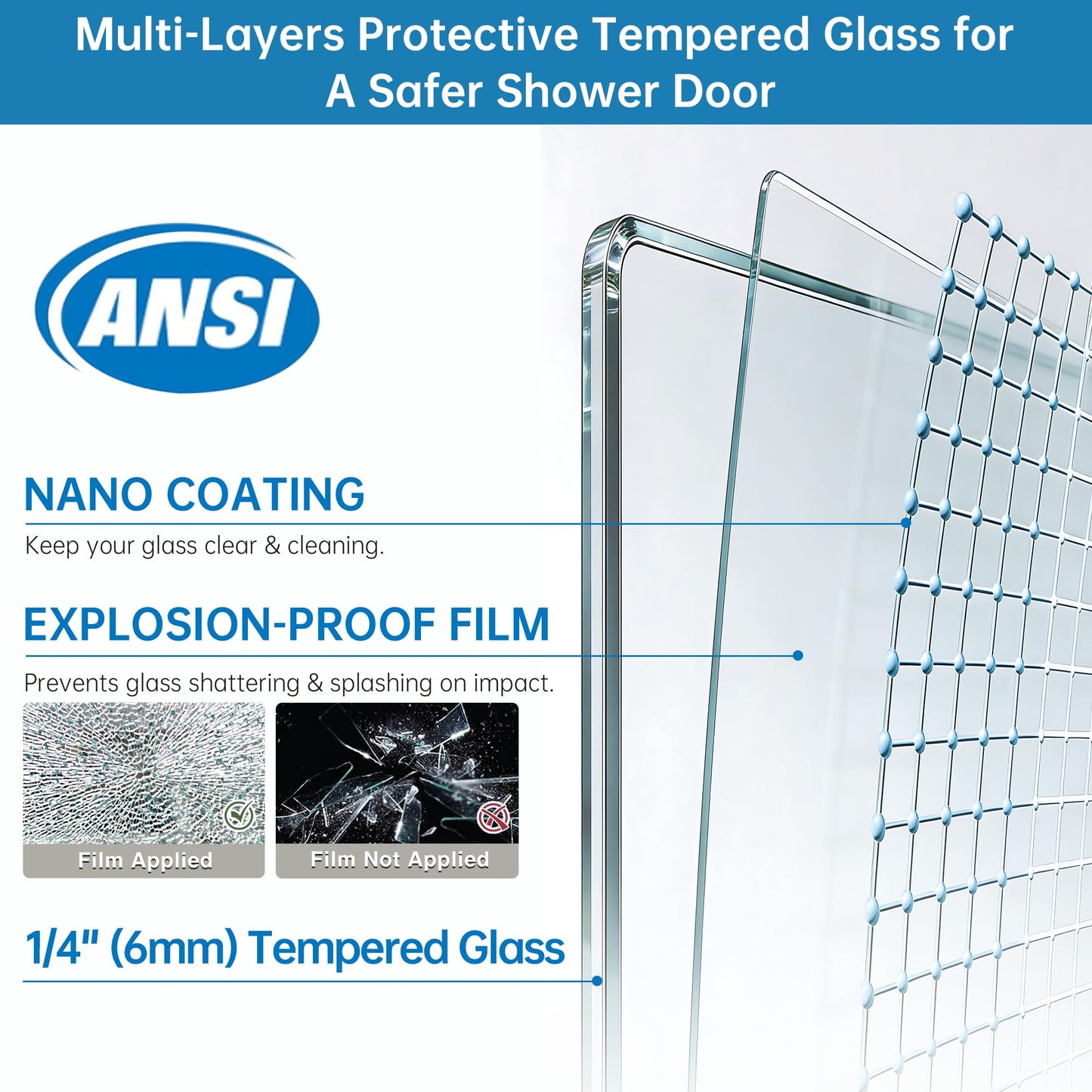 56-60" W x 72" H Frameless Glass Shower Door, 1/4" (6mm) Tempered Glass with Explosion-Proof Film & Nano Coating, Single Sliding Shower Door, Reversible Installation, Brushed Nickel