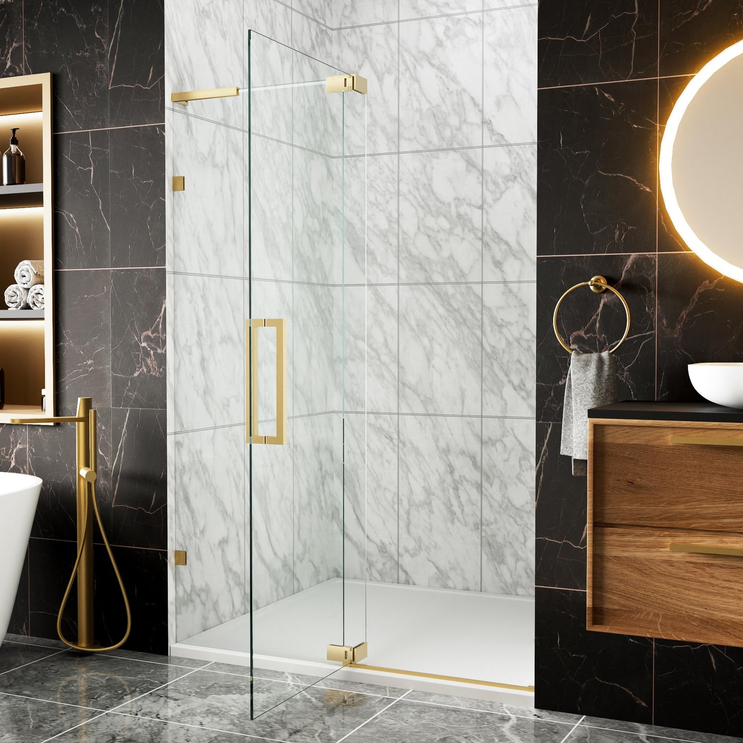 BILVOS 44-48" W x 70" H Frameless Pivot Shower Door, Semi-Frameless Hinged Shower Door with 5/16" (8mm) Clear SGCC Tempered Glass, Brushed Gold Pivot Shower Glass Door, Reversible Installation