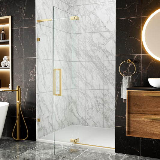 BILVOS 44-48" W x 70" H Frameless Pivot Shower Door, Semi-Frameless Hinged Shower Door with 5/16" (8mm) Clear SGCC Tempered Glass, Brushed Gold Pivot Shower Glass Door, Reversible Installation
