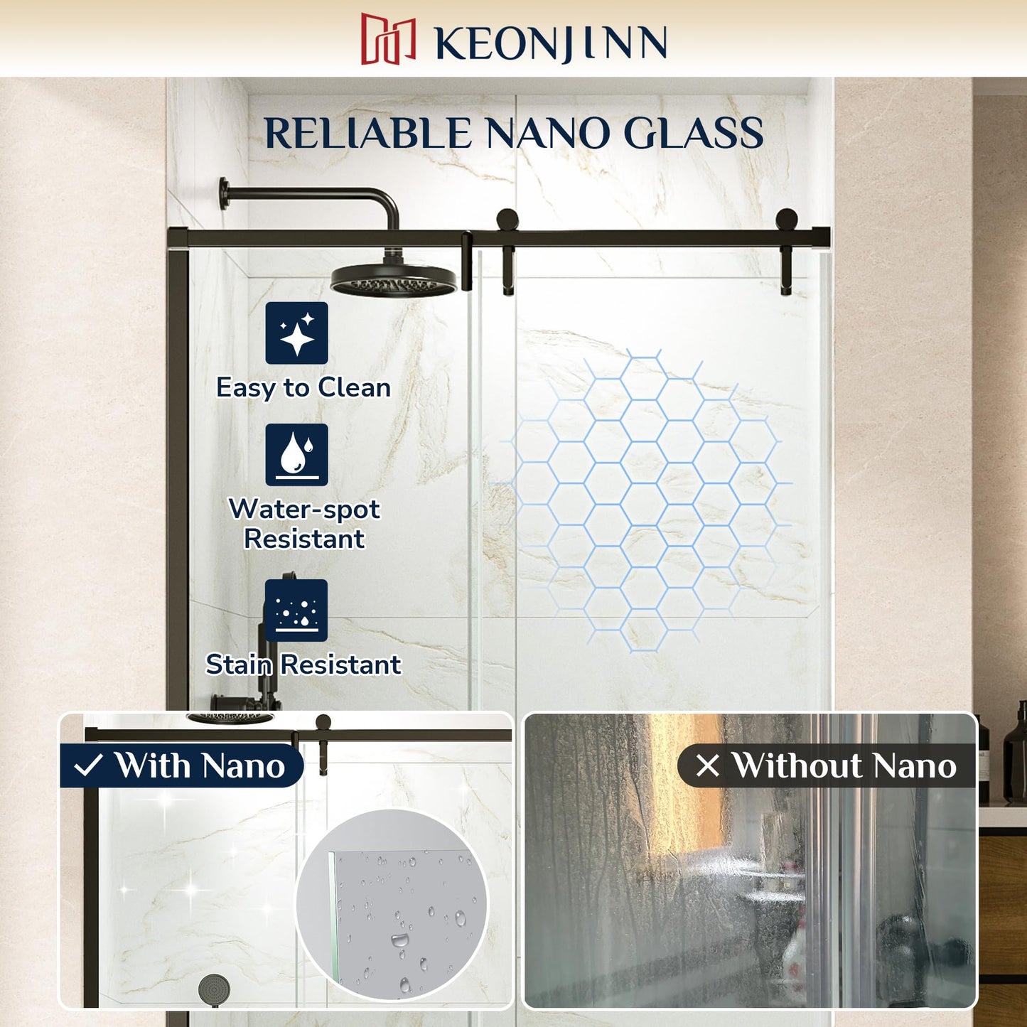 Keonjinn Sliding Shower Door, 44-48" W x 76" H Semi-Frameless Shower Door, 1/4" (6mm) Clear SGCC Tempered Clear Glass with Nano Coating, Silent Soft-Close Design, Matte Black