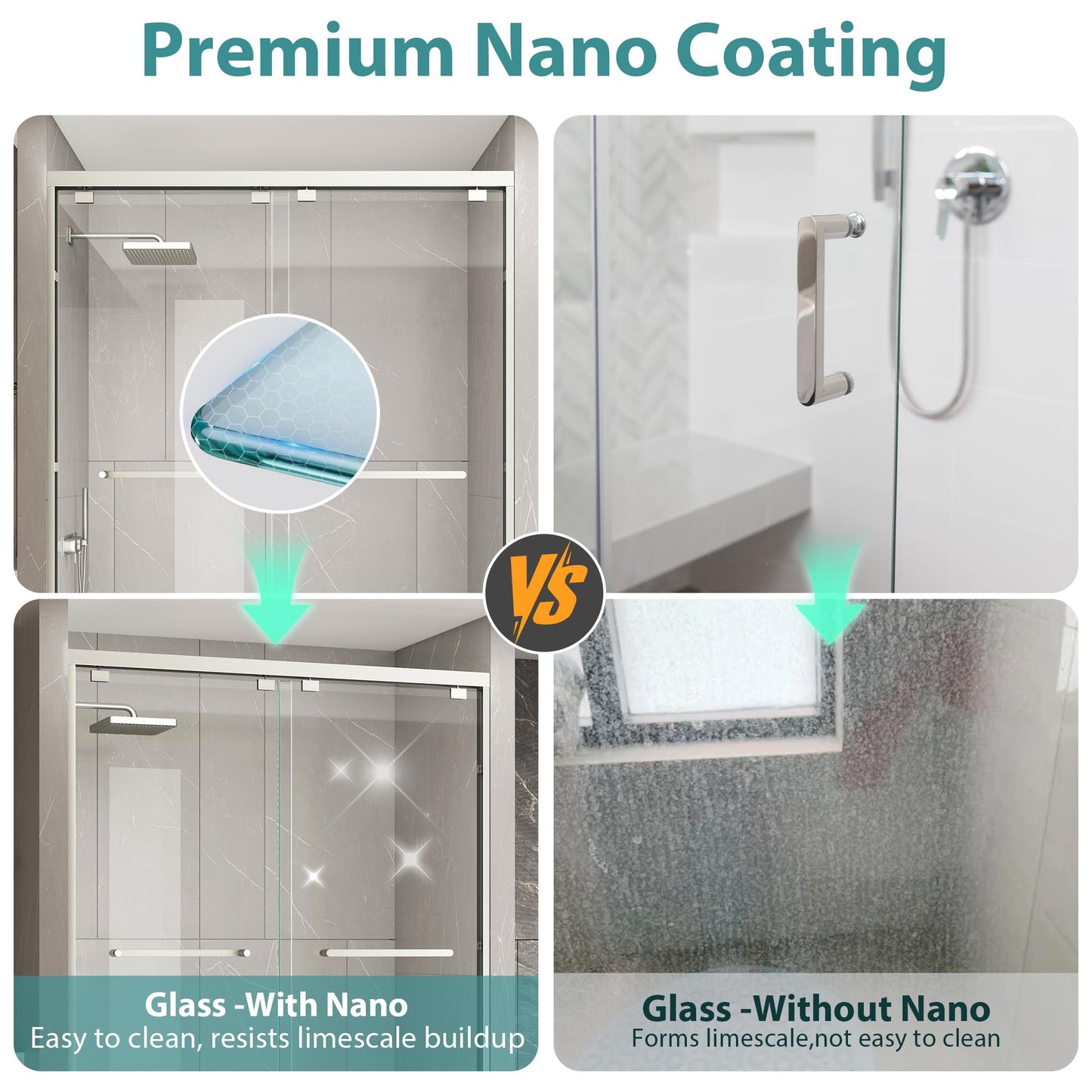 KPUY Glass Shower Door, 49-54" W x 76" H Semi-Frameless Double Sliding Shower Door, 1/4" (6mm) Thick Tempered Clear Glass with Explosion-Proof Film Nano Coating, Brushed Nickel