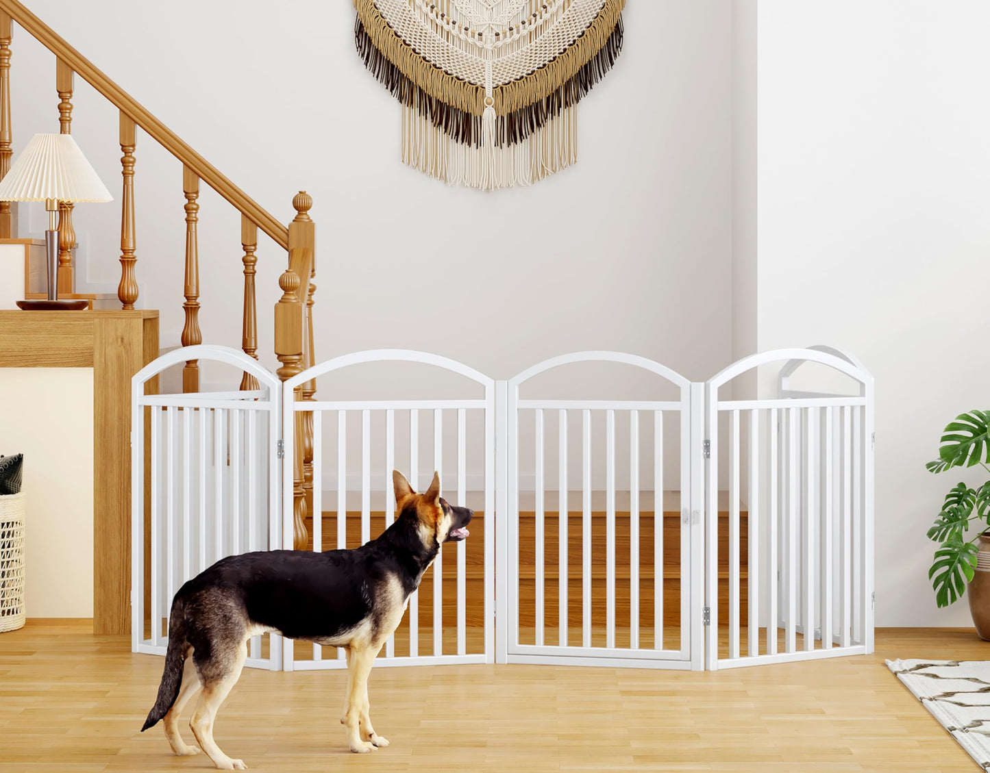 THKKY Folding No-Assembly Freestanding Dog Gate with Door,32" Heights Foldable Pet Fence,144" Extra Wide Accordion Puppy Folding Playpen for Doorways,House,Stairs (6 Panels,White)