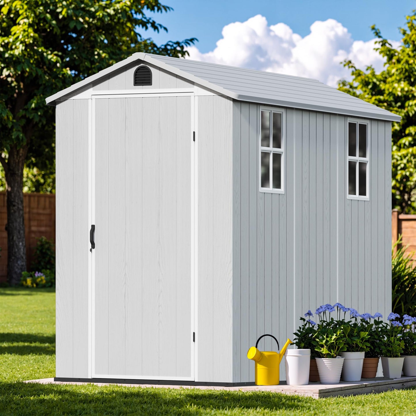 Devoko 4×8 FT Resin Storage Shed with Floor, Garden Plastic Outdoor Shed with Window and Lockable Door, Waterproof Outside Tool shed for Backyard Patio, Light Grey