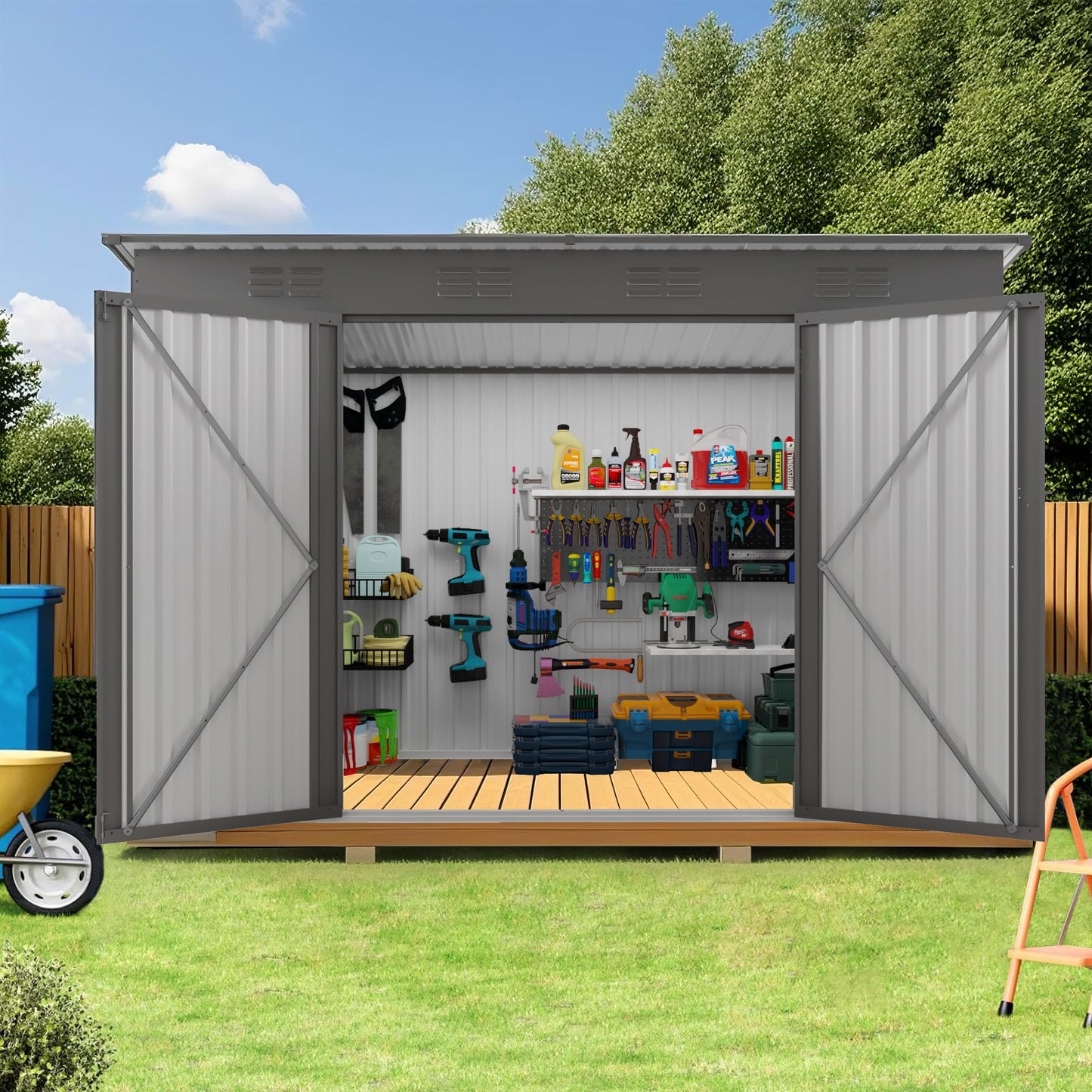 Outdoor Metal Storage Shed, Galvanized Steel Garden Shed with Sloped Roof & Vents, Waterproof Rust-Resistant Backyard Tool Shed for Patio Lawn Garden Trash Can Storage, Easy Assembly