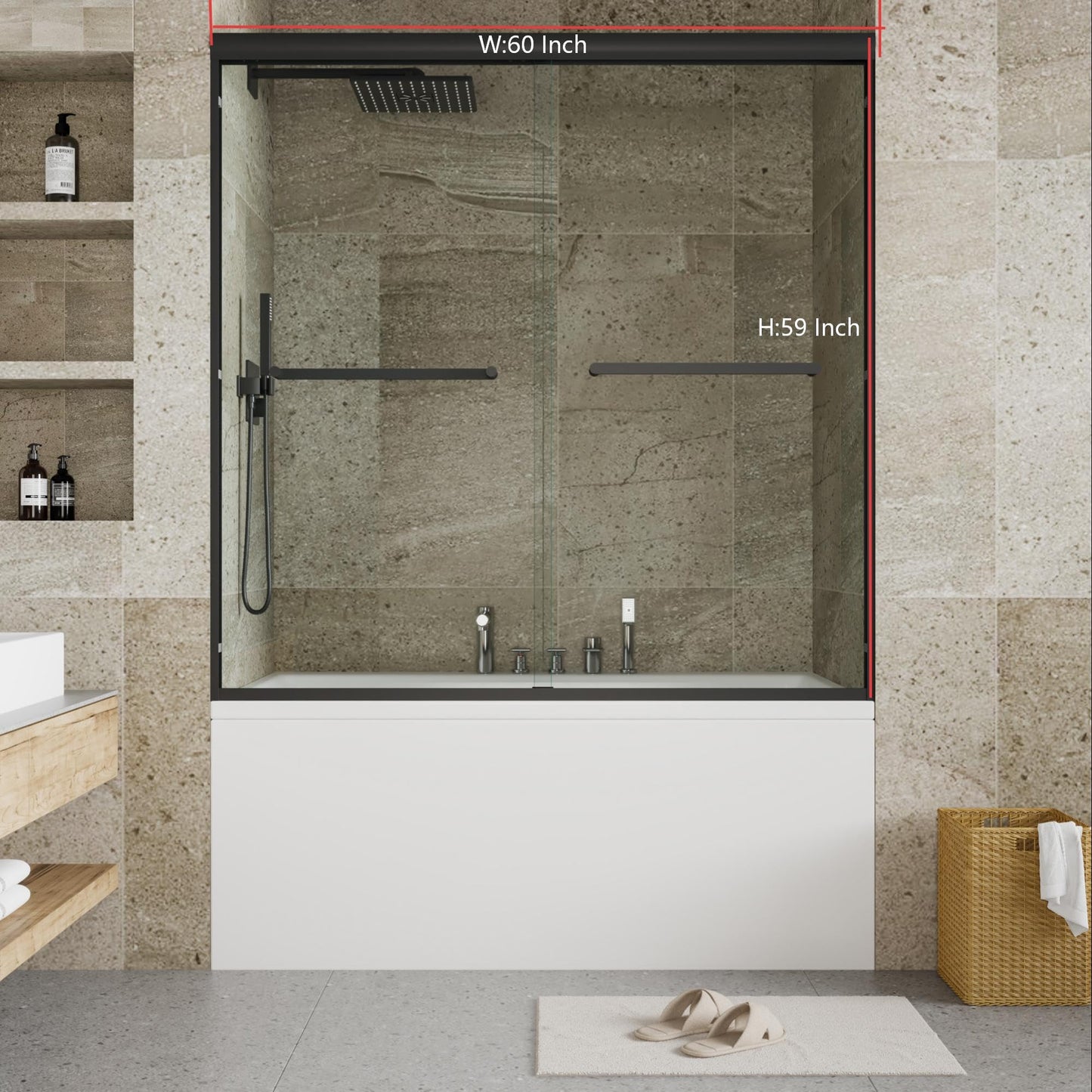 Shower Doors Glass Sliding 56-60 Inch W× 59 Inch H Matte Black Frame Sliding Glass Door for Bathtub, 6mm Tempered Glass Panels, Compact Shower Enclosure for Urban Bathroom Projects