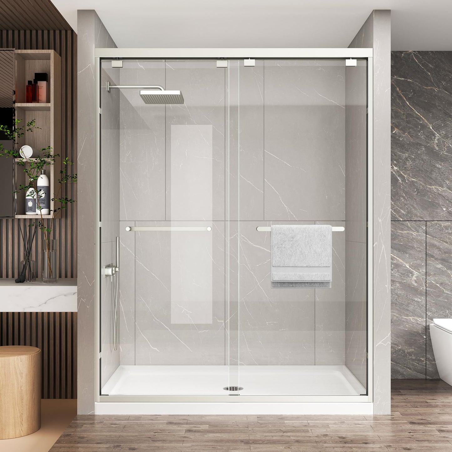 KPUY Glass Shower Door, 49-54" W x 76" H Semi-Frameless Double Sliding Shower Door, 1/4" (6mm) Thick Tempered Clear Glass with Explosion-Proof Film Nano Coating, Brushed Nickel