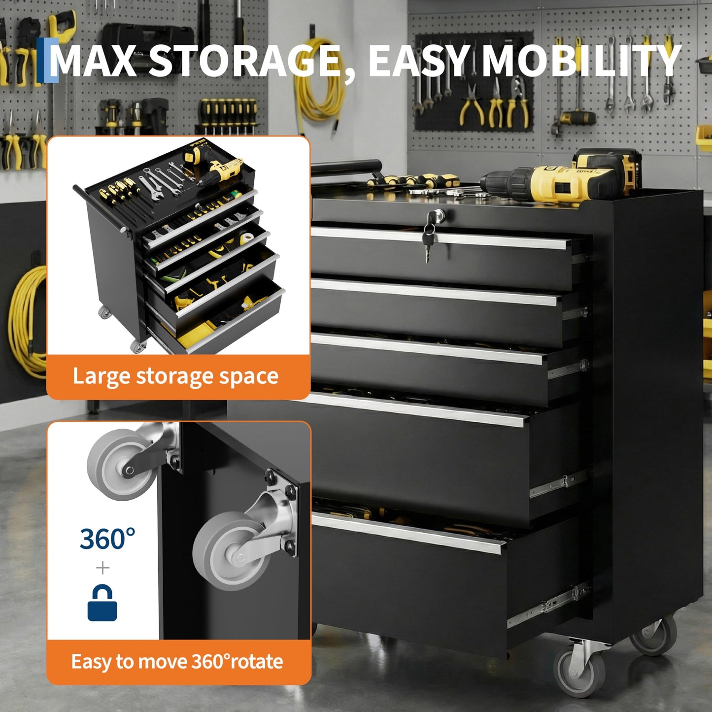 SierraSquad Rolling Tool Chest, 5-Drawer Tool Storage Cabinet, Tool Box with Wheels, Lock System and Drawer Liners, Tool Cart for Warehouse, Workshop and Repair Shop, Black