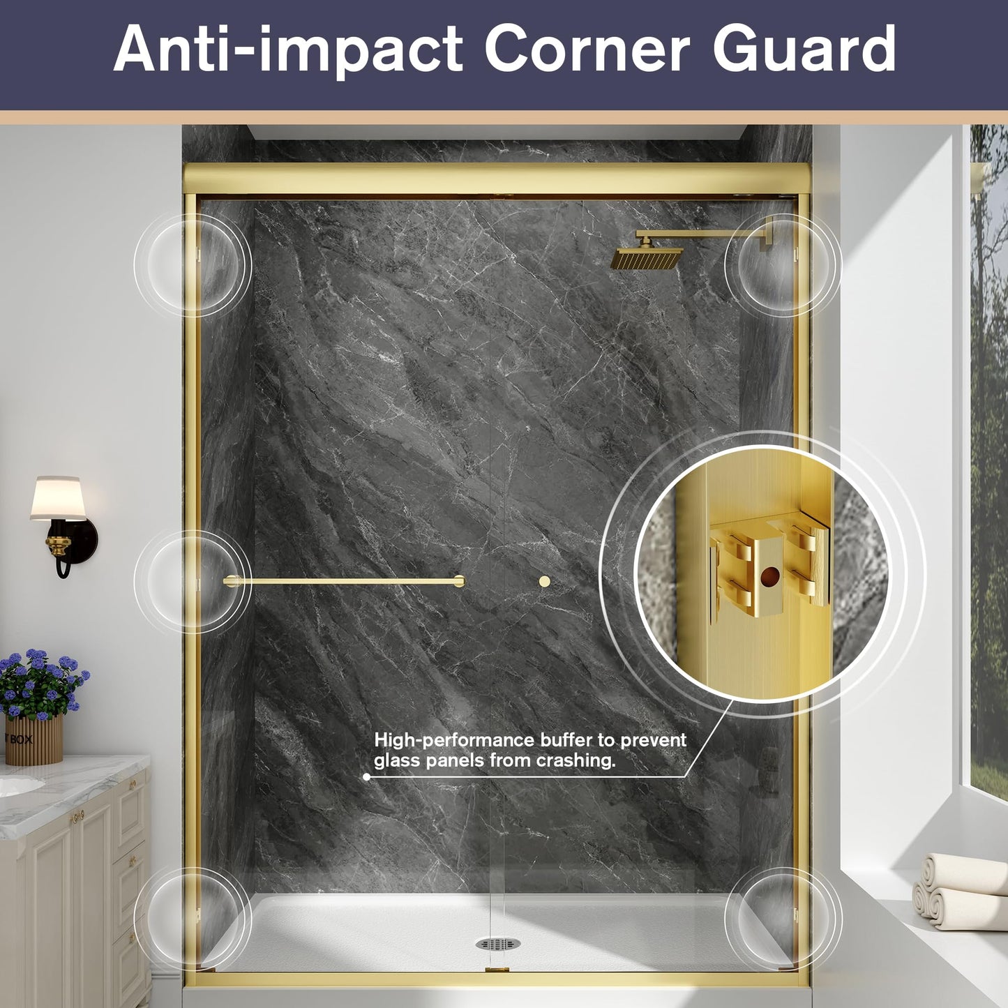 EASYWORC Double Sliding Shower Door, 55"-60" W x 70" H Semi-Frameless Glass Shower Door, 1/4'' (6mm) Clear SGCC Tempered Glass with Explosion-Proof Film and Nano Coating, Brushed Gold