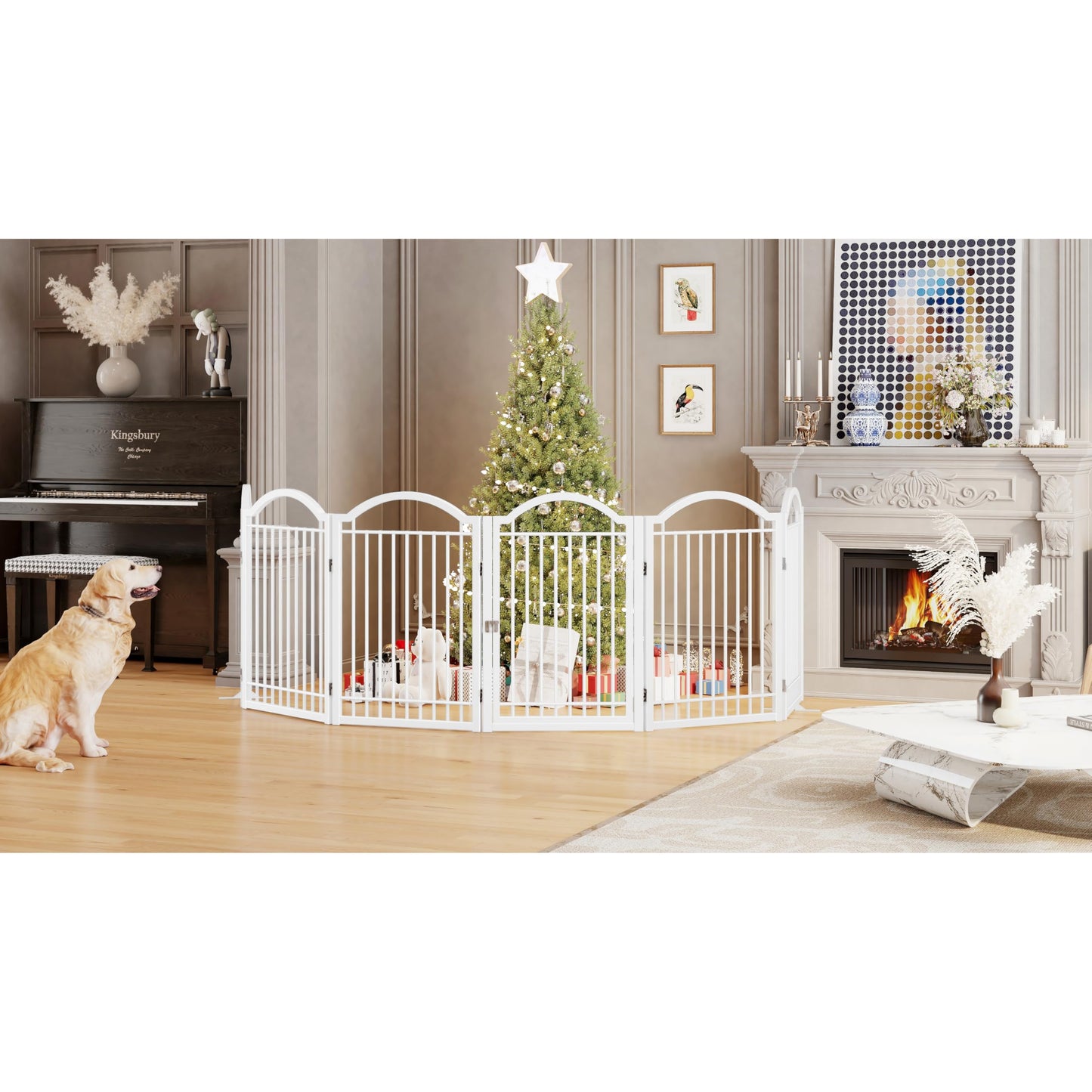 BHG Metal No-Assembly Freestanding Dog Gate with Door Walk Through, Extra Wide 144", Extra Tall 32" Pet Gate, Accordion Puppy Folding Playpen Dog Fence, with 2PCS Support (White, 6 panesl)