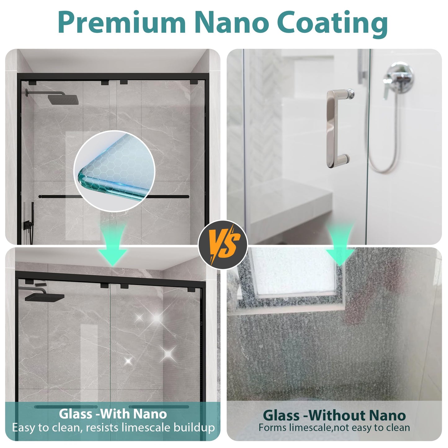 KPUY Glass Shower Door, 55-60" W x 76" H Semi-Frameless Double Sliding Shower Door, 1/4" (6mm) Thick Tempered Clear Glass with Explosion-Proof Film Nano Coating, Matte Black