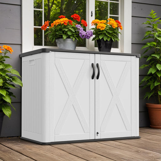 Greesum Outdoor Storage Cabinet, 25 CUFT Deck Box Without Shelves, Waterproof Plastic Storage Shed for Patio Cushions, Gardening Tools, Lockable and Sidehandles, UV Resistant, White