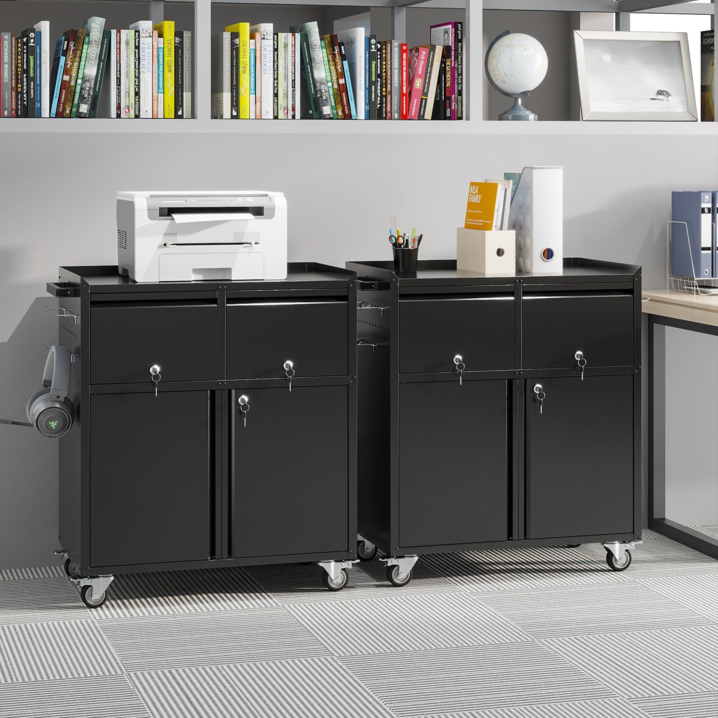 Aobabo Rolling Metal Garage Cabinet, Lockable Storage Cabinet with 2 Drawers, Pegboards, Hooks & Wheels, Heavy Duty Steel Utility Cabinet for Garage, Workshop, Home Office, Black, Assembly Required