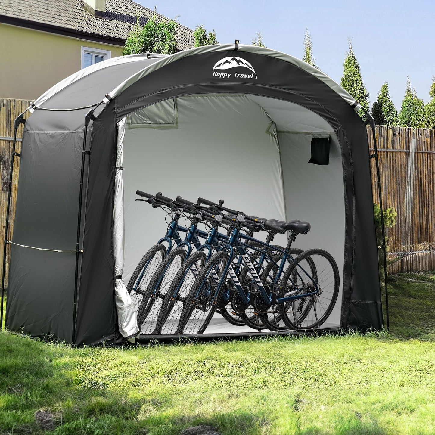 Happy Travel Bike Storage Shed Tent, Waterproof Portable Bicycle Cover with 30% More Top Storage Space for 2/3/4/5 Bikes,Clips Easy Setup Outdoor Sheds Shelter for Motorcycle, Garden Tools, Lawn Mower
