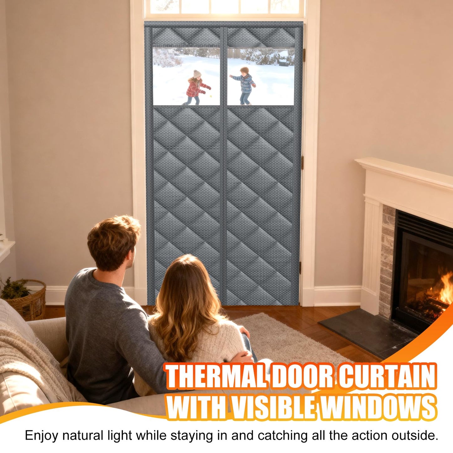 Magnetic Thermal Insulated Door Curtain with Transparent Window Insulated Door Cover Upgraded Oxford Filled with Thicken Cotton Thermal Insulated Curtains for Winter Waterproof and Windproof, Grey