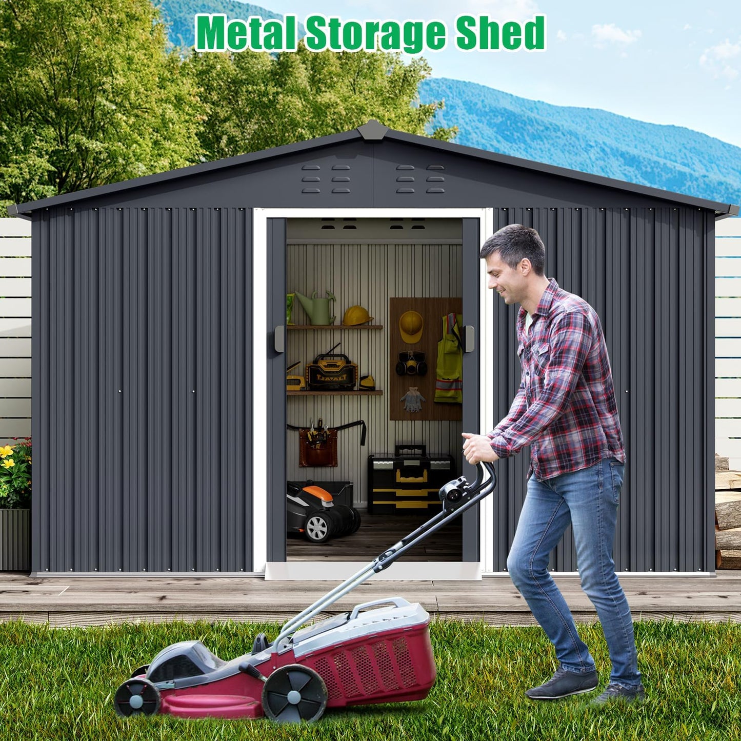 10x12 FT Outdoor Metal Storage Shed with Lockable Door - Large Waterproof Galvanized Steel Shed, Pitched Roof & Vents for Tools, Lawn Mower, Bike, Garbage Cans, Backyard, Garden (Grey)