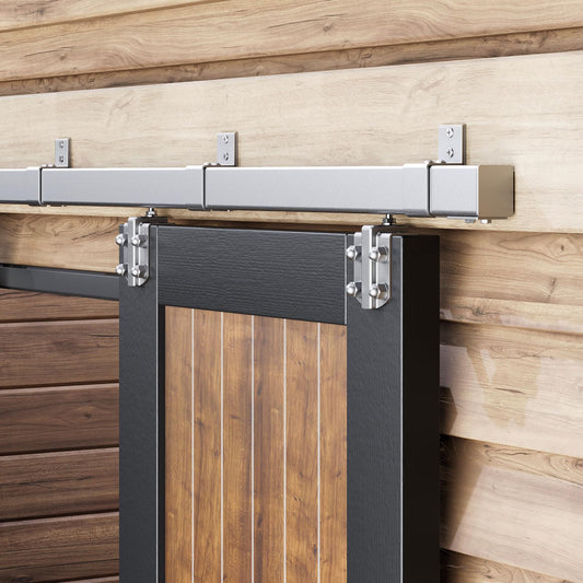 Easelife 8FT Exterior Sliding Barn Door Hardware Kit, Box Rail Track, 450lb Capacity, Sliver Weather-Resistant Steel, Wall Mount System for Outdoor Use, Fit Single 48in Door