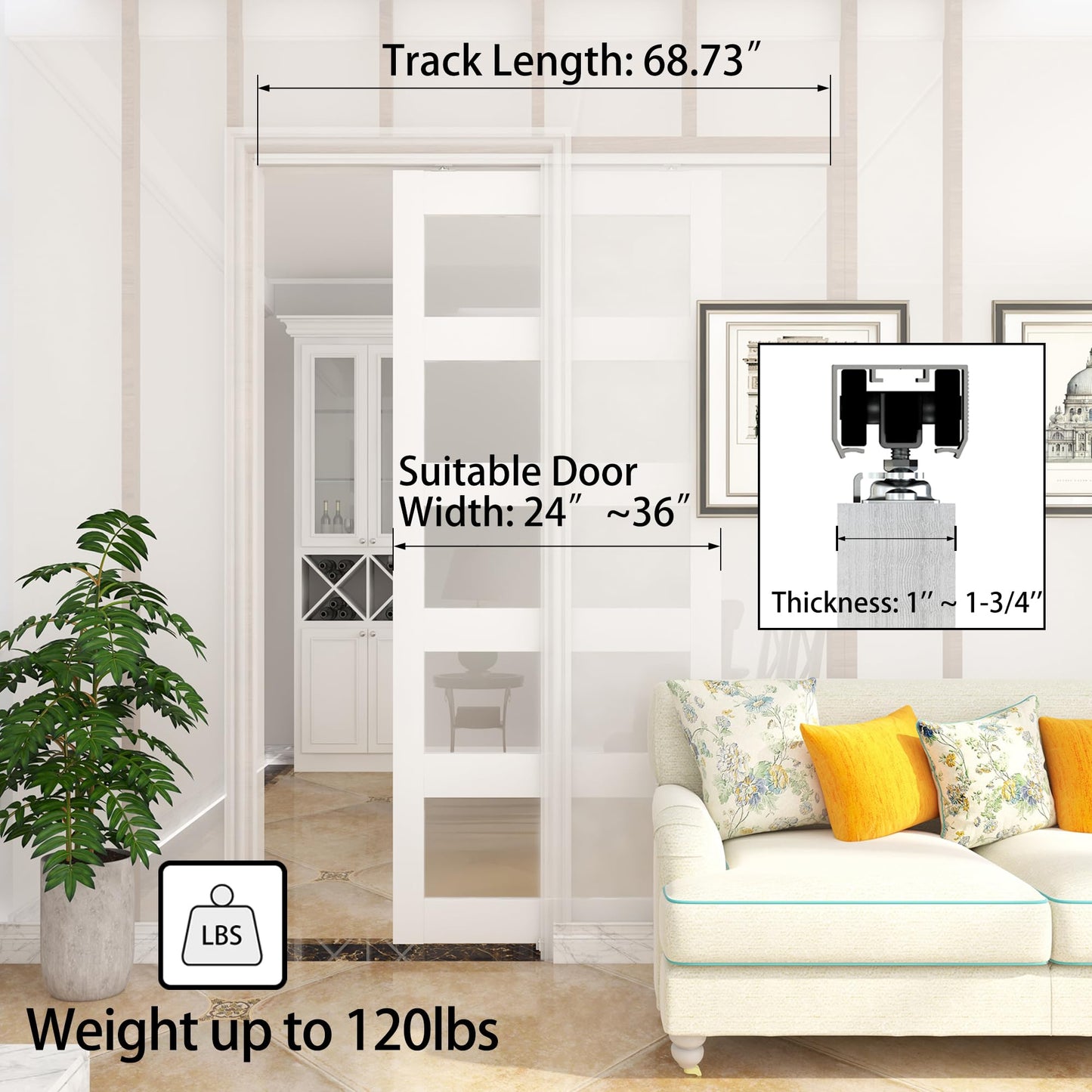 JUBEST 6FT Commercial Grade Pocket Door Hardware and Track Set with Soft Close Mechanism, Sliding Door Hardware for Door Wide 24"-36", Durable and Smoothly, Easy to Install