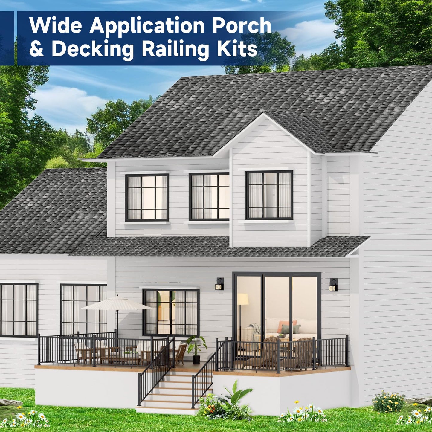 Egadis 42 in. H x 4 ft. W Porch and Deck Railing Kit, Aluminum Railing Kit, Black Textured AAMA 2604 Powder-Coat Finish Modular Rail System for Outdoor Decks, Porches & Balconies (1 Post, 1 Panel)