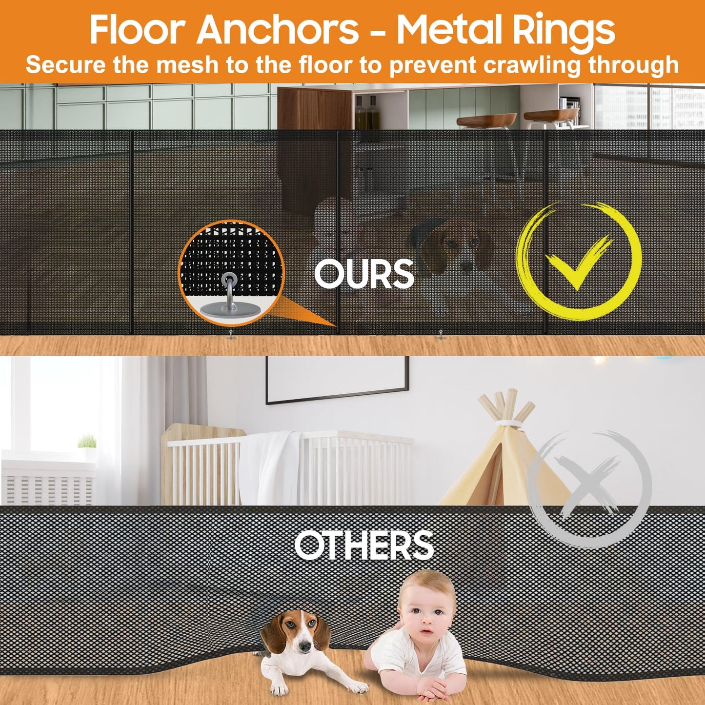 Retractable Baby Gates - 200" Extra Wide Retractable Dog Gate, 42" Extra Tall Mesh Gate Pet Gate with Support Rods, Long Child Safety Gate for Stairs Doorways Indoor Outdoor Large Openings - Black