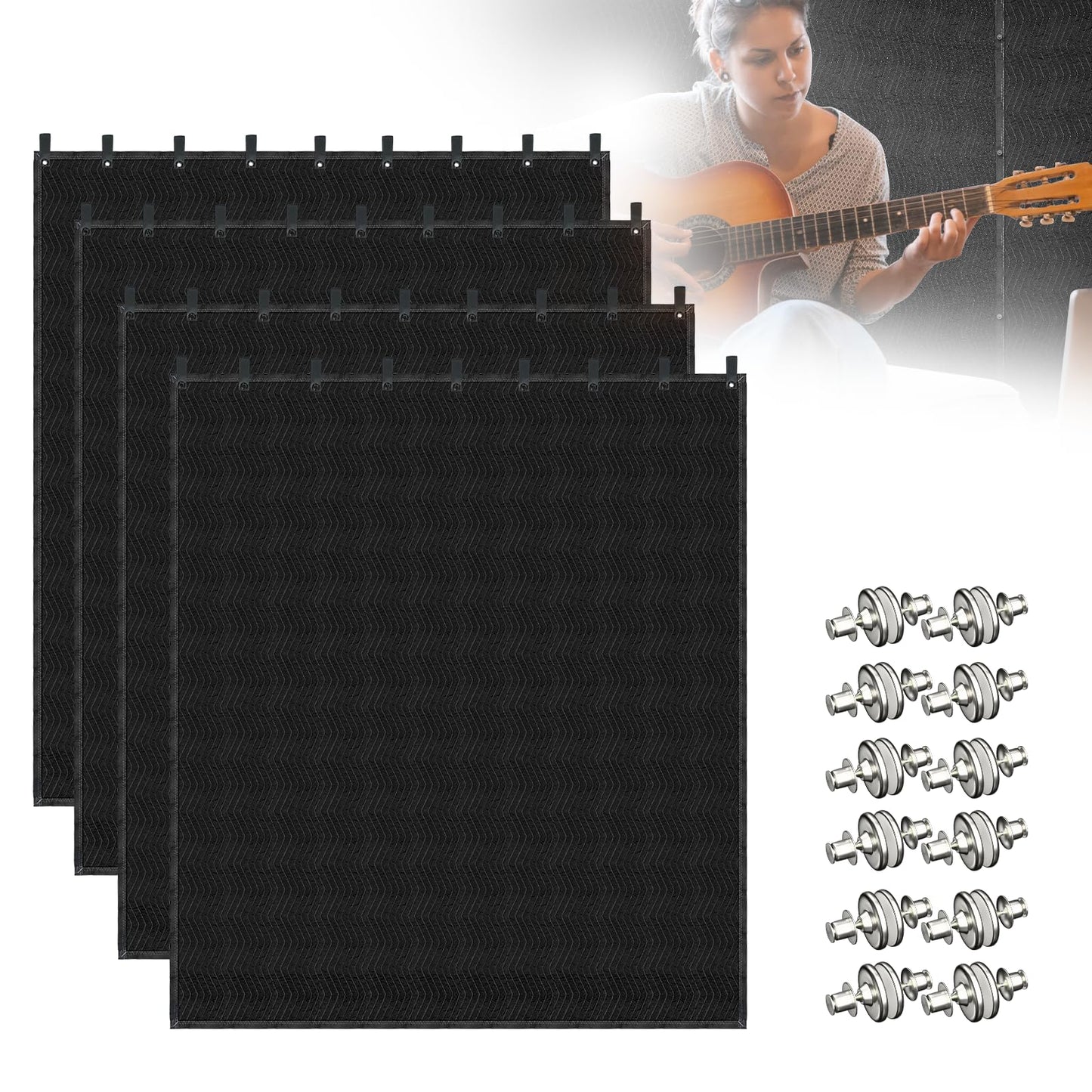 Soundproof Blanket for Door 96" x 80", 4 PCS Heavy Duty Sound Dampening Curtains, Noise Cancelling Studio Acoustic Blanket, Light Blocker, Moving with Grommets for Home, Window, Furniture, Black