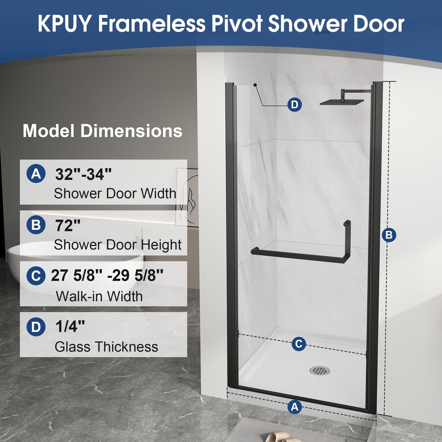KPUY Pivot Shower Door, 32-34" W x 72" H Frameless Single Swing Glass Shower Door with Explosion-Proof Film Nano Coating, 1/4" (6mm) Thick Tempered Clear Glass, Matte Black