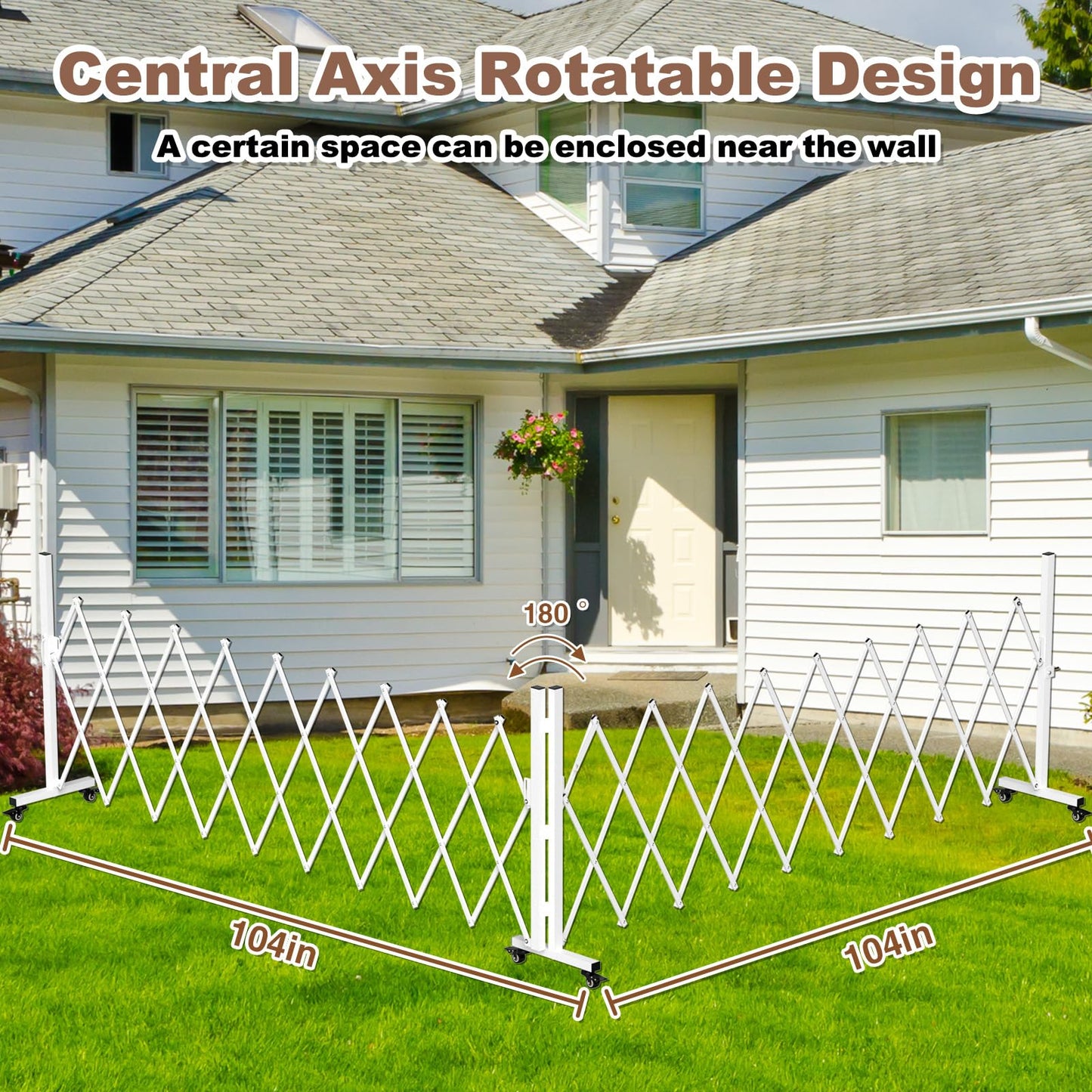 Retractable Outdoor Dog Gate, 207'' Wide Driveway Gate Expandable Portable Fence, Two-Segment 0-180 Degrees Rotatable Design Yard Garden Fence, Metal Safety Barrier Gates (White, 39.76 * 213)