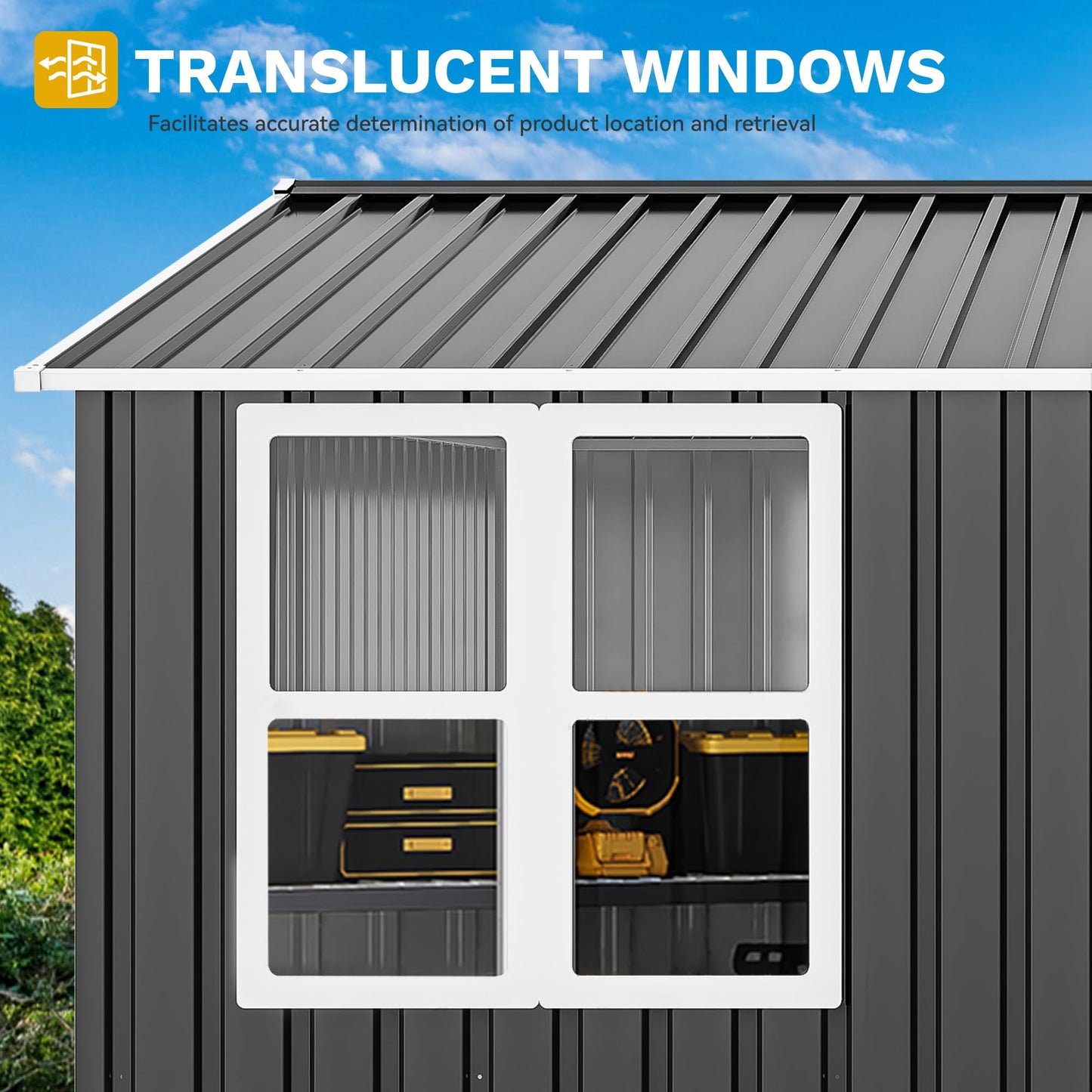 DWVO 8x6ft Large Tool Storage Shed with Window, Lockable Doors, and Sloped Roof, Oversized Steel Outdoor Storage Shed for Garden, Patio, Garage, Backyard, Lawn - Gray & White