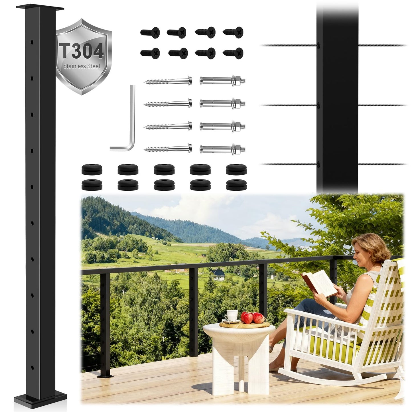 Zylorix 36" Swageless Level Cable Railing Post for Deck Cable Railing, T304 Stainless Steel Surface Mount 180° Drilled Deck Post with Upgraded Black Powder Coating for Indoor Outdoor Porch