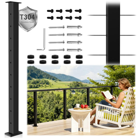 Zylorix 36" Swageless Level Cable Railing Post for Deck Cable Railing, T304 Stainless Steel Surface Mount 180° Drilled Deck Post with Upgraded Black Powder Coating for Indoor Outdoor Porch