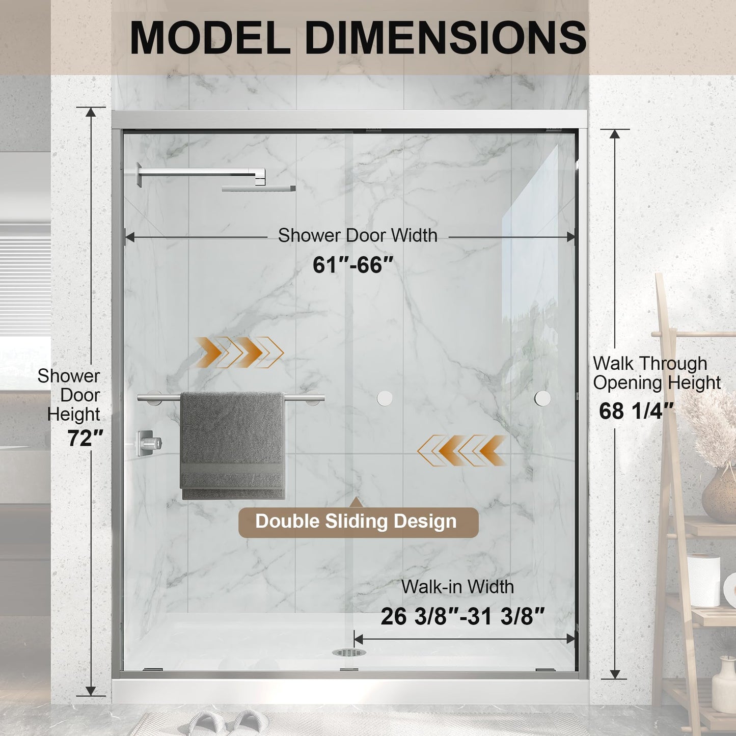 Double Sliding Shower Door 61-66" W x 72" H,Semi-Frameless Glass Shower Door with Nano Explosion-Proof Safety Film, 1/4"(6mm) Tempered Glass,Easy-Clean Bypass Walk-in Shower Door,Brushed Nickel