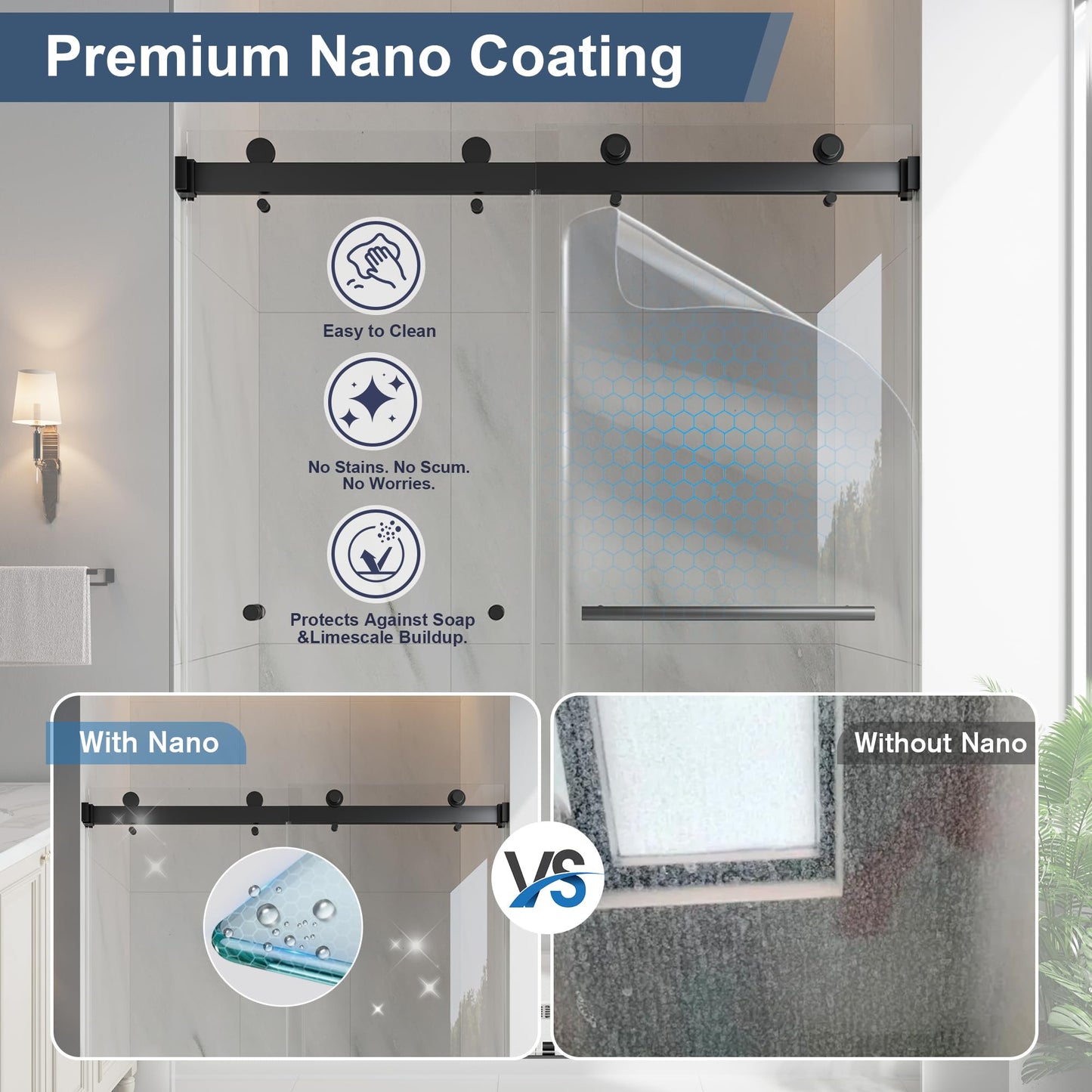 EASYWORC Frameless Double Sliding Shower Doors, 55-60" W x 76" H, 1/4" (6mm) Thick ANSI Certified Tempered Glass with Explosion-Proof Film and Nano Coating Shower Glass Door, Matte Black