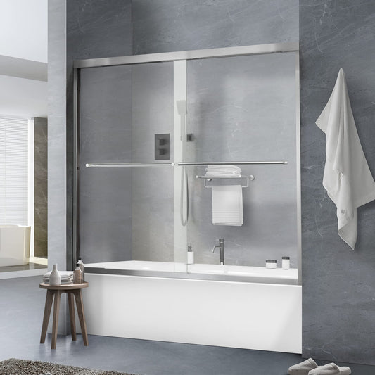 Bathtub Shower Door, 56"-60" W×58" H Framed Double Sliding Glass Shower Door for Bathroom, 1/4"(6mm) Thick Clear Tempered Glass Door with Handles, Chrome Finsh