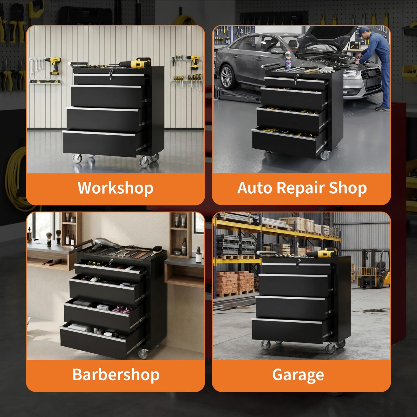 IDEALHOUSE Rolling Tool Chest, 4 Drawers Tool Storage Cabinet, Toolbox with Wheels, Portable Tool Cabinet Organizer with Locking System & Drawer Liners, Tool Storage Cart for Garage, Workshop, Black