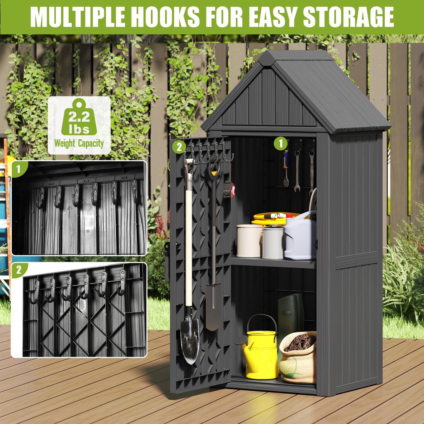 Fancyango Outdoor Resin Storage Shed, Upgrade Sturdy Storage Cabinet with Removable Shelves and Lock Ring, Reinforced Floor, All-Weather Construction for Garden Patio Lawn (Black) (Black)