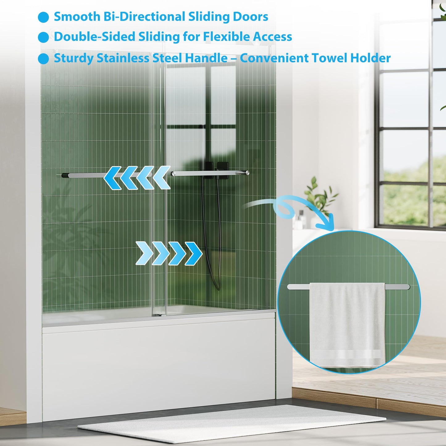 Frameless Bathtub Shower Door 56–60 inch W × 59 inch H, Sliding Tub Shower Door, 6mm Tempered Glass, Square Stainless Steel Track, Brushed Finish, Adjustable Bathroom Shower Door