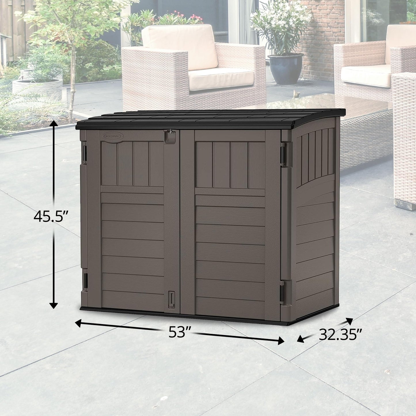 Suncast 34 Cu Ft Horizontal Resin Storage Shed - Outdoor Storage Shed with Floor Included, Lockable, Weatherproof, Fits Small to Medium Trash Cans, Generators, & Garden Tools, Stoney Black