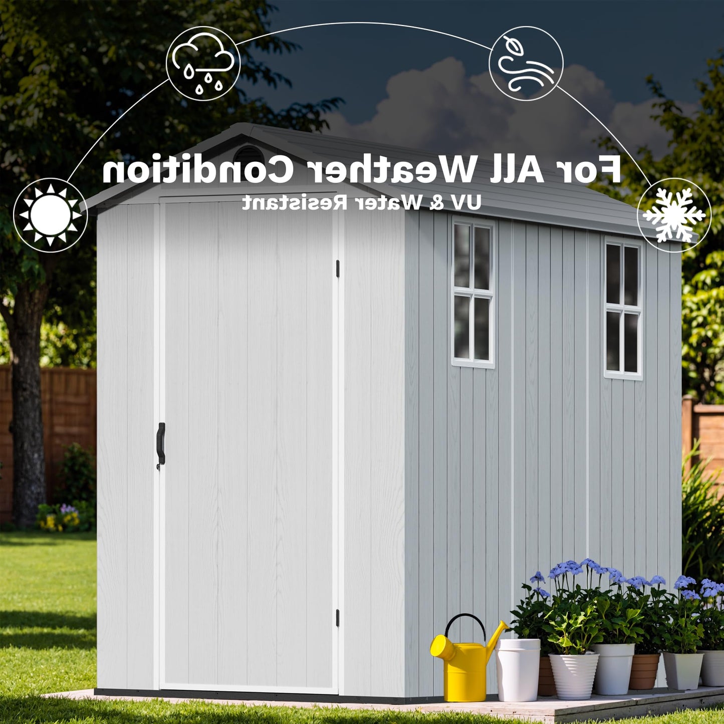 Devoko 4×8 FT Resin Storage Shed with Floor, Garden Plastic Outdoor Shed with Window and Lockable Door, Waterproof Outside Tool shed for Backyard Patio, Light Grey