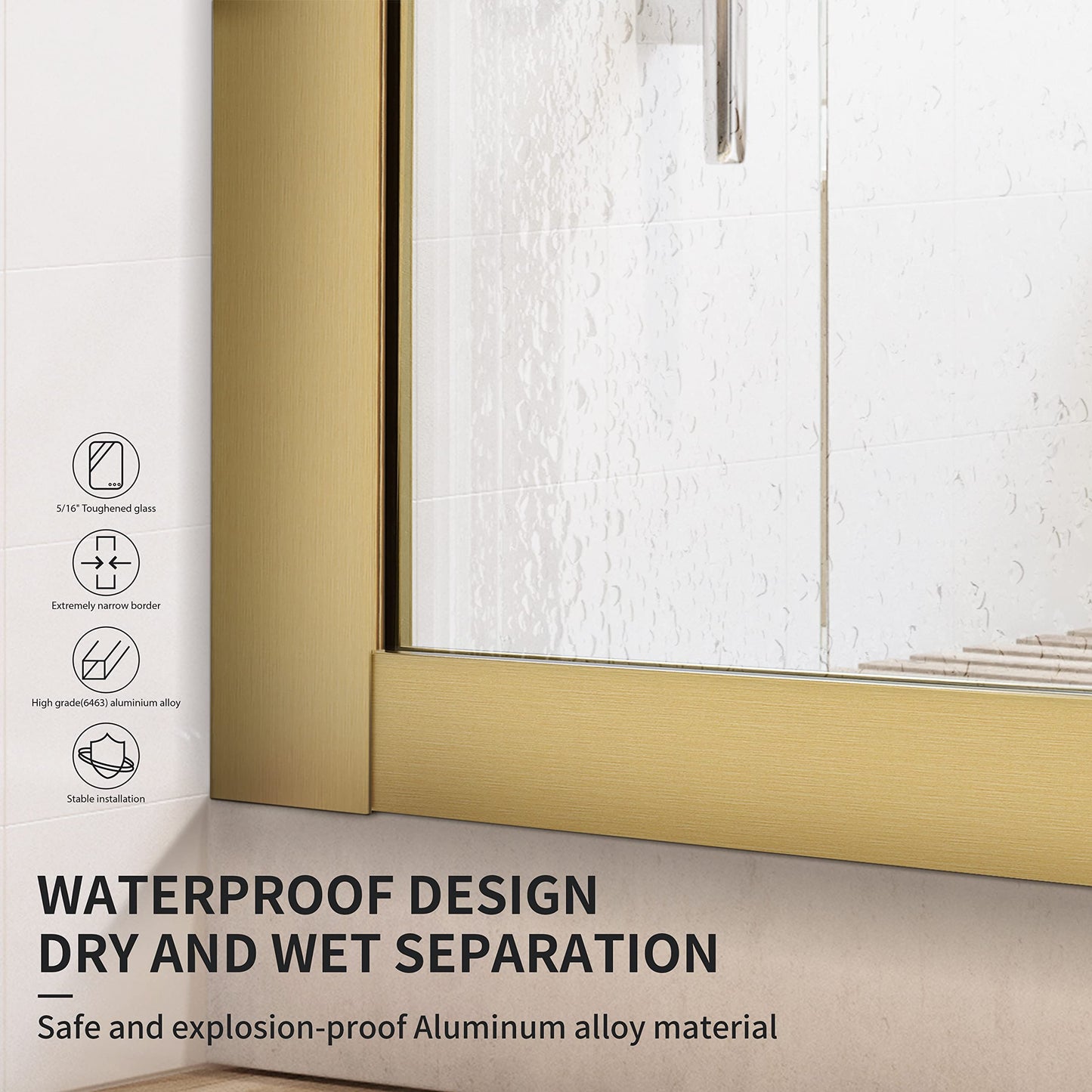 Bathroom Fixed Glass Shower Wall Panels, 34 in W x 74 in H Framed Tempered Shower Glass Panel for Open Walk-in Bathroom and Bathtub, Clear Glass Shower Panel with Matte Brushed Gold Finish