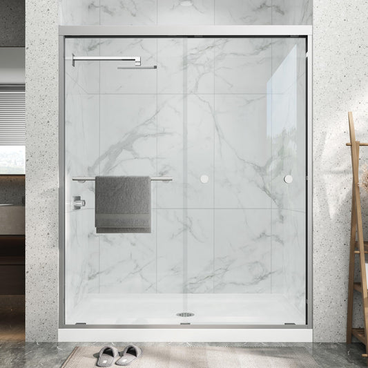 Double Sliding Shower Door 61-66" W x 72" H,Semi-Frameless Glass Shower Door with Nano Explosion-Proof Safety Film, 1/4"(6mm) Tempered Glass,Easy-Clean Bypass Walk-in Shower Door,Brushed Nickel