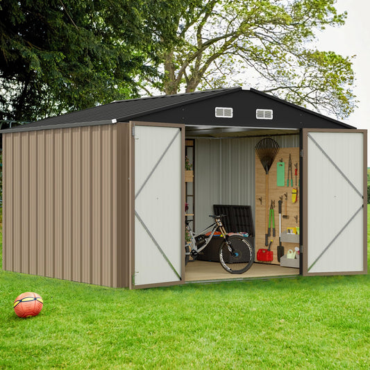 GUNJI 10 x 8 FT Shed Outdoor Storage Shed Metal Garden Shed with Lockable Door Outside Waterproof Tool Shed for Backyard, Patio, Lawn (Brown)