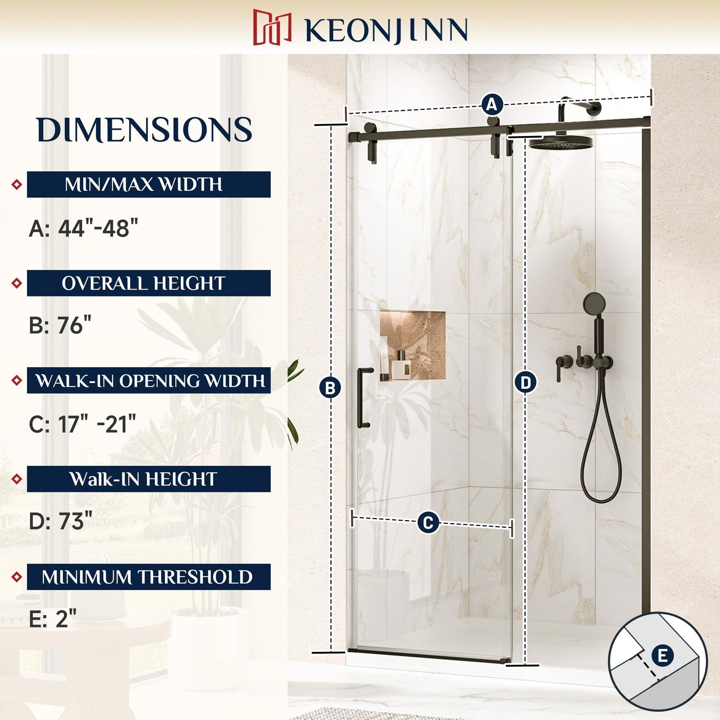 Keonjinn Sliding Shower Door, 44-48" W x 76" H Semi-Frameless Shower Door, 1/4" (6mm) Clear SGCC Tempered Clear Glass with Nano Coating, Silent Soft-Close Design, Matte Black
