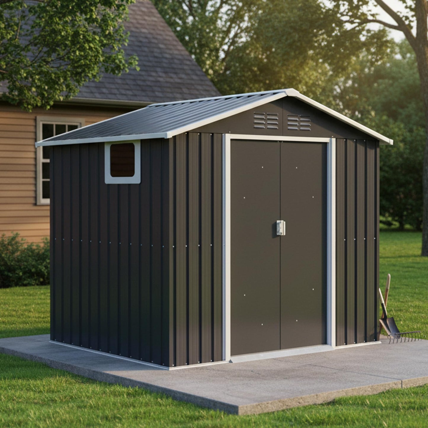 YOPTO 7x4.3 FT Metal Garden Sheds with Window,Outdoor Heavy-Duty Steel Storager Tool Shed W/Sliding Door and Punched Vents,Waterproof Building Organizer for Storing Motorcycle,Bicycles,Grey