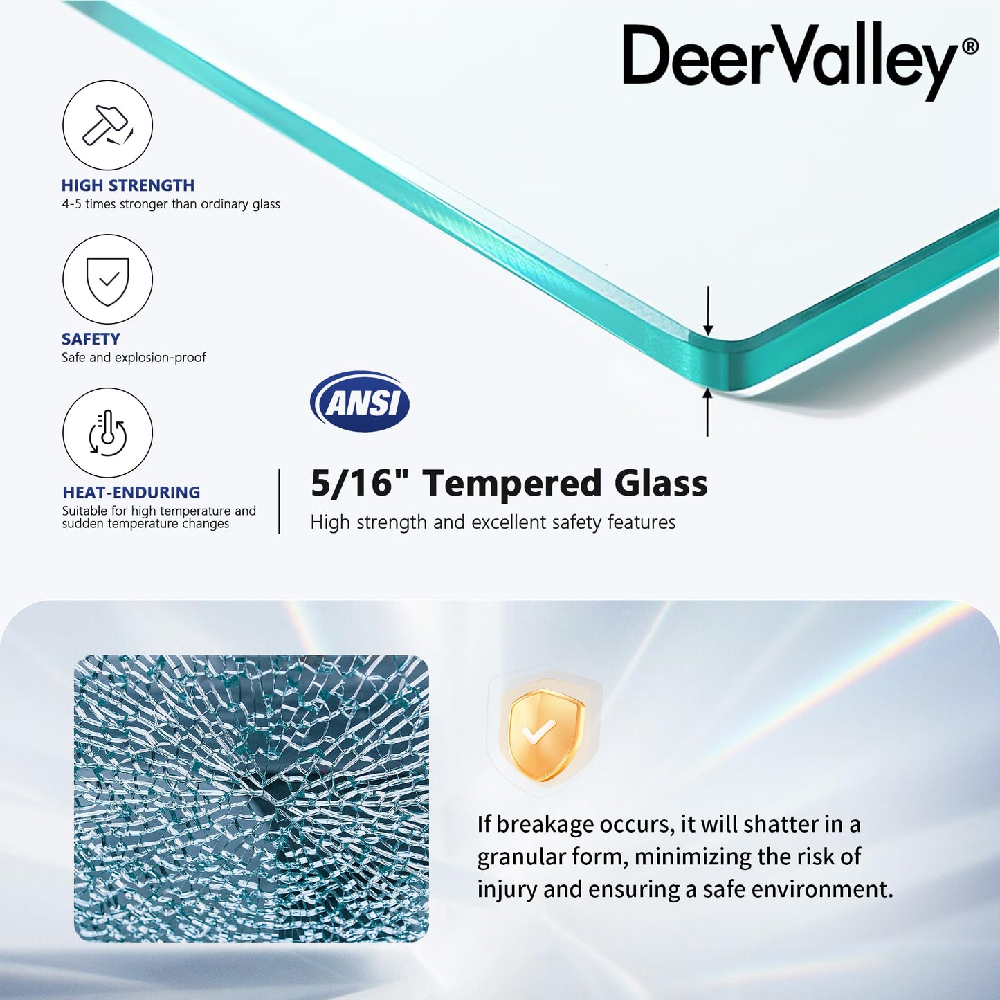 DeerValley 34"×74" Shower Glass Panel, 5/16'' (8mm) Thick Fixed Glass Shower Panel, Frameless Shower Screen for Walk in Shower, Tempered Glass Half Door with Stainless Steel Clamps (Black)