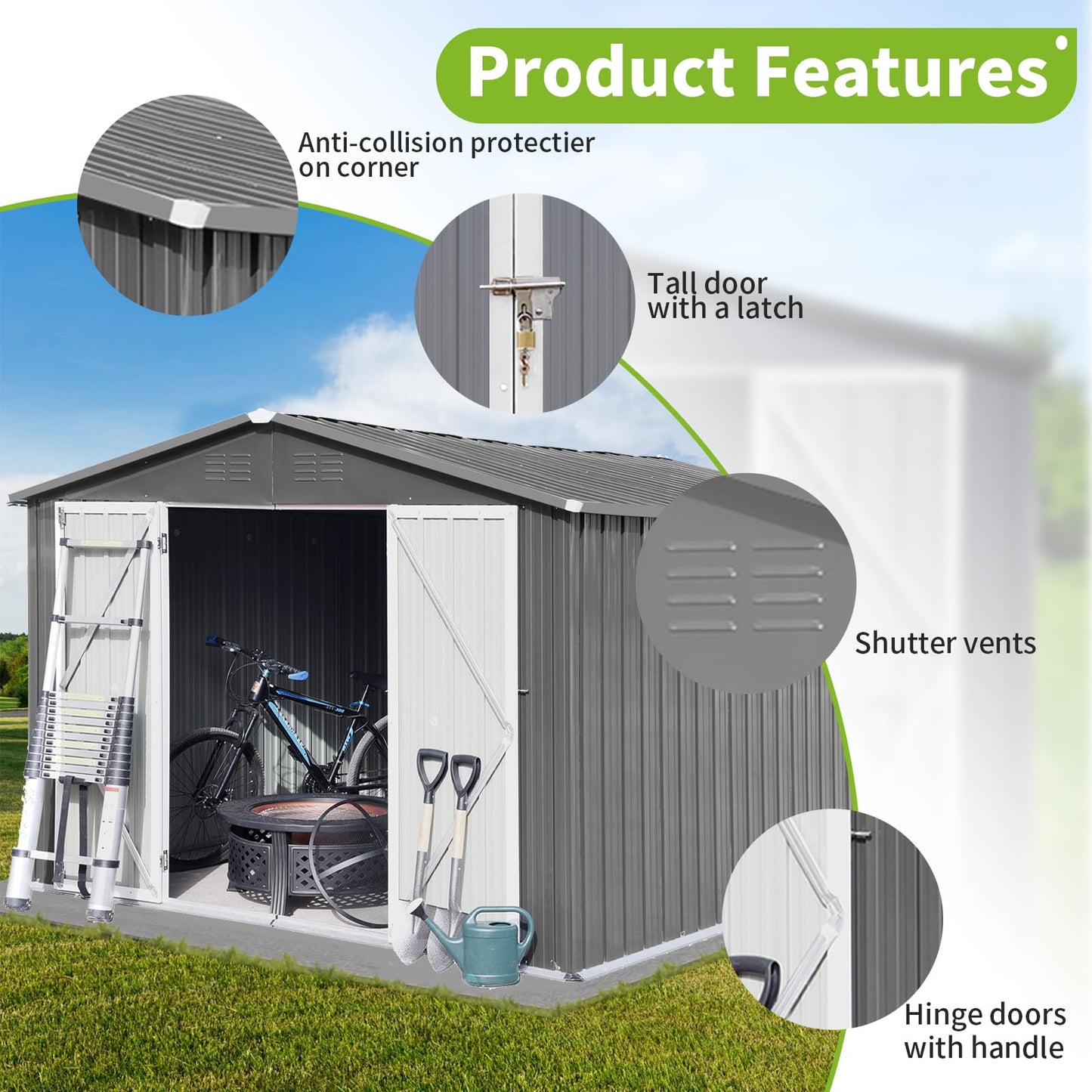 8x10FT Heavy-Duty Metal Storage Shed with Apex Roof, Outdoor Garden Shed with Hinged Door, Steel Vents & Free Padlock, Weatherproof Tool Shed for Backyard, Lawn Equipment & Bike Storage