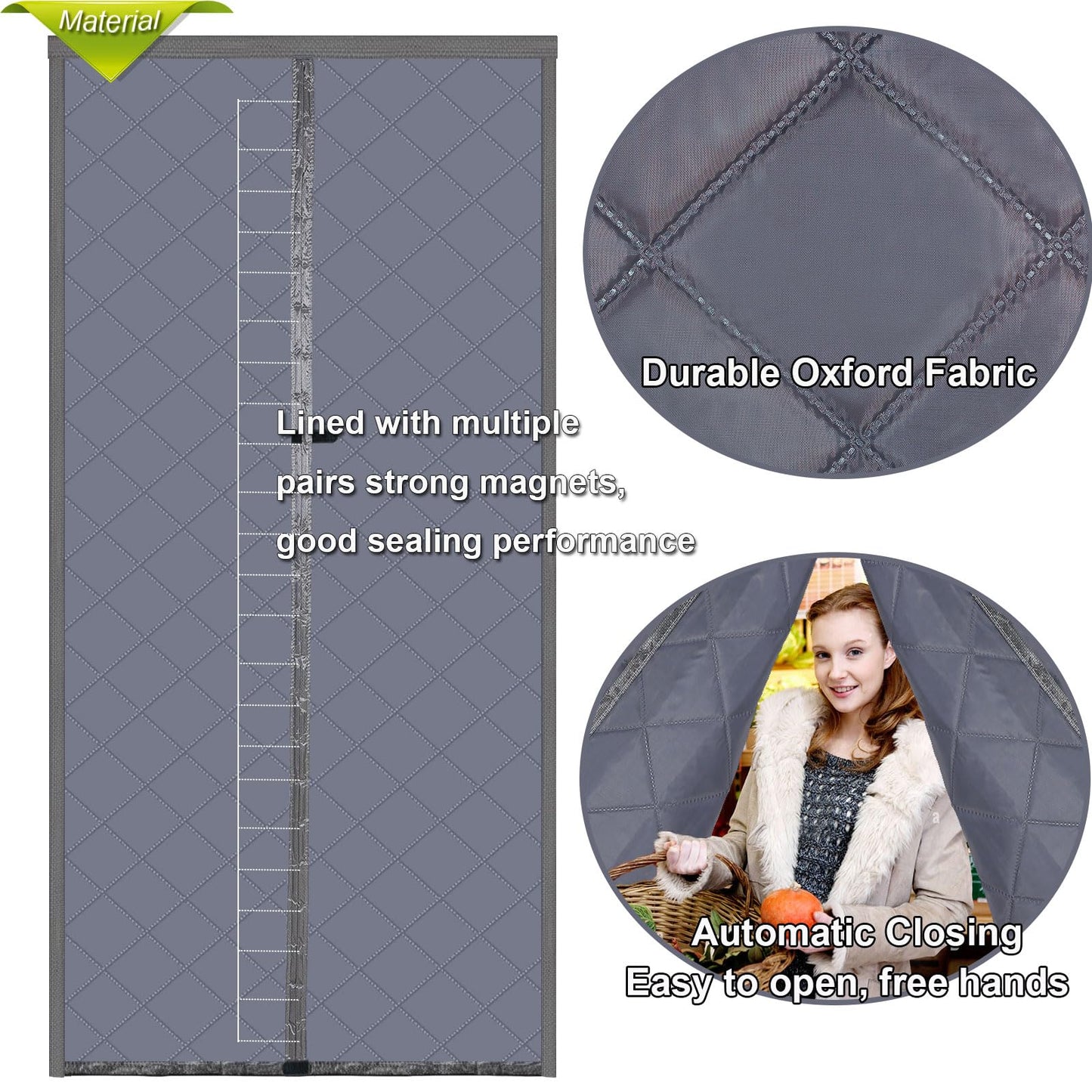 Risareyi Magnetic Thermal Insulated Door Curtain 36x96inch, Grey Oxford Filling with Thicker Polyester, Patio Door Insulation for Winter Cold Protection, Doorway Cover
