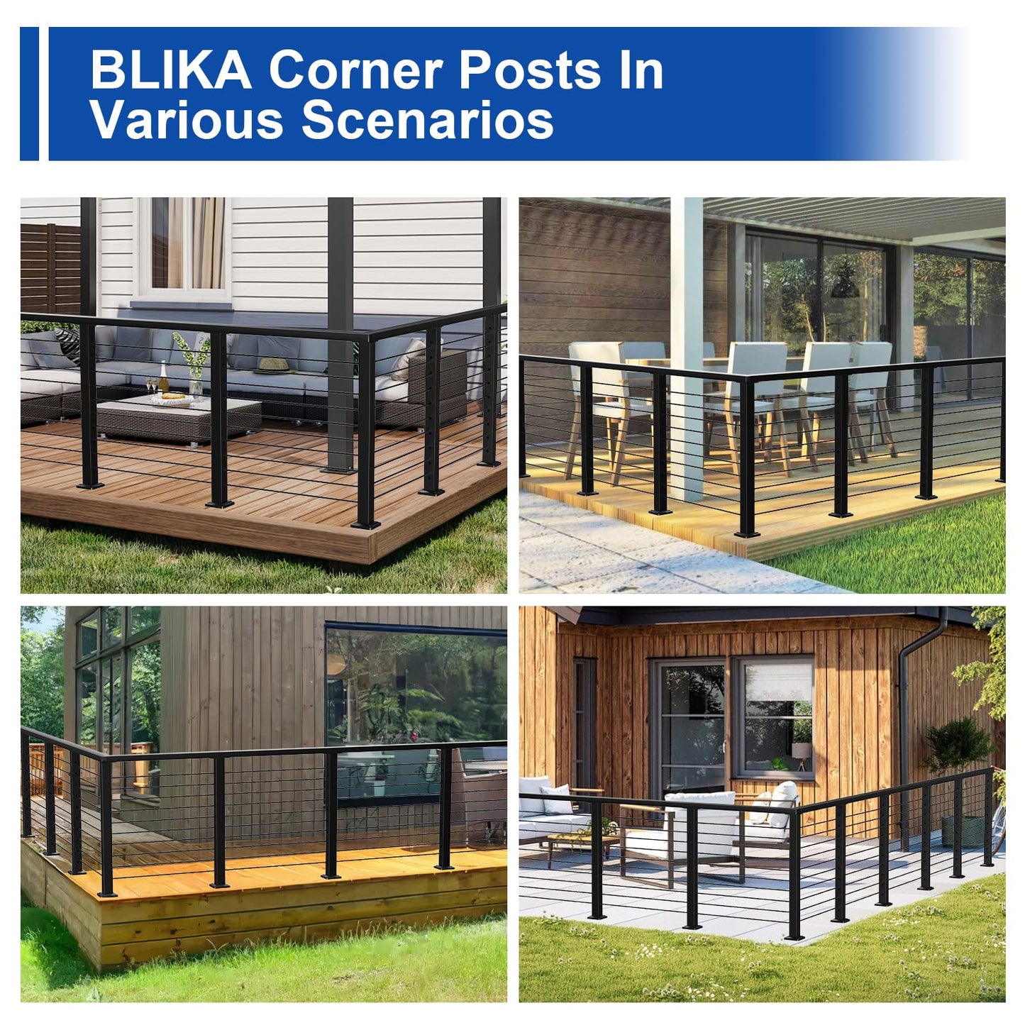 BLIKA 36" Cable Railing Corner Post(Post 35"x2"x2"), 3-Side Drilled Flat Top Surface Mount Corner Post, Stainless Steel Black Handrail Corner Post for Cable Railing Kits, BL05-CP