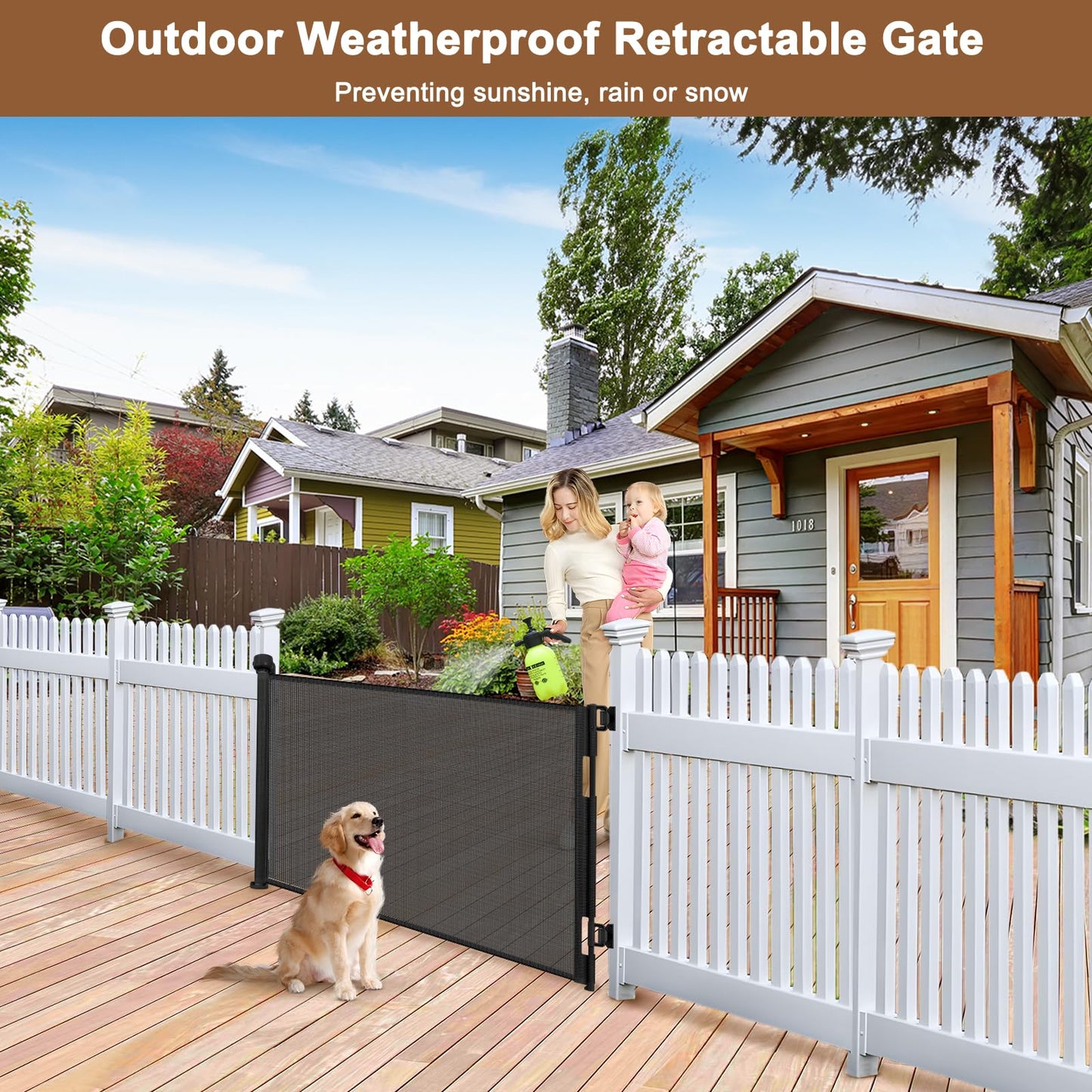 Weatherproof Outdoor Retractable Gate for Dogs with No Rust Stainless Steel Screws and Rods, 55" Wide Waterproof Retractable Baby Gates, Scratch-Resistant Mesh Safety Outdoor Pet Gate for Deck, Black