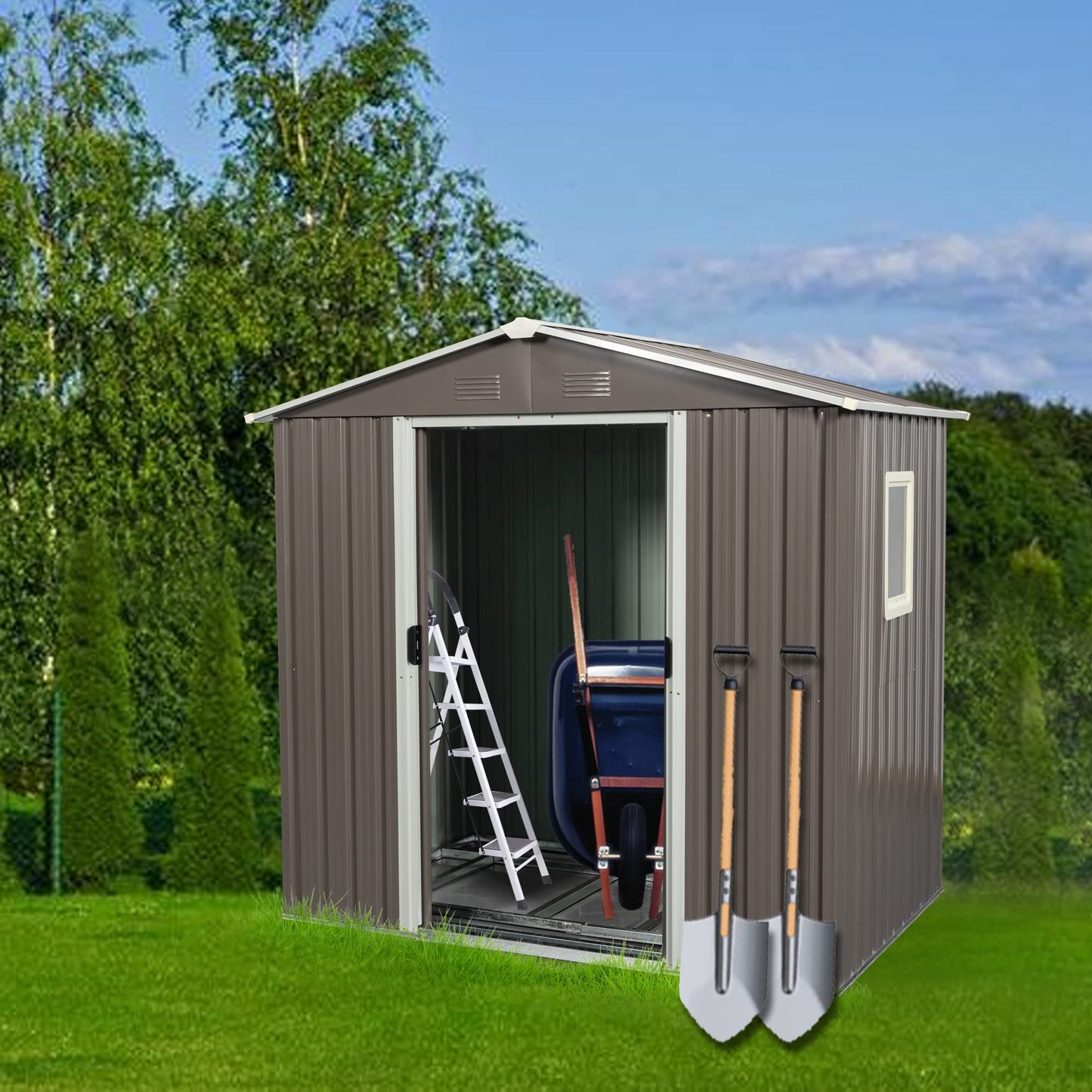 6FT x 5FT Outdoor Storage Shed, Heavy Duty Galvanized Steel Garden Shed with Sliding Lockable Doors, Punched Vents & Foundation Kit, Weather Resistant Metal Tool Shed for Backyard,Gray with Window